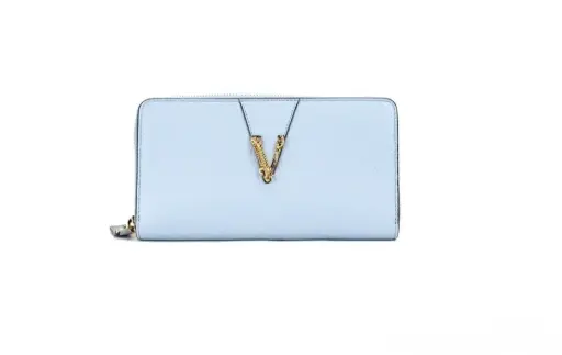 [BG 21566] Versace - Large Cornflower Grainy Leather Gold Monogram Zip Around Clutch Wallet