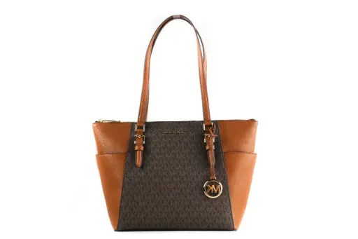 [BG 1389708] Charlotte Signature Leather Large Top Zip Tote Handbag Bag (Brown)