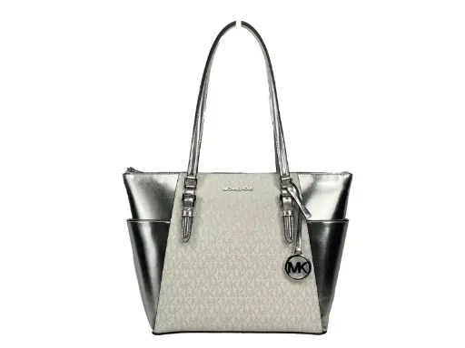 [BG 6259844] Charlotte Large Leather Top Zip Tote Bag Purse Silver